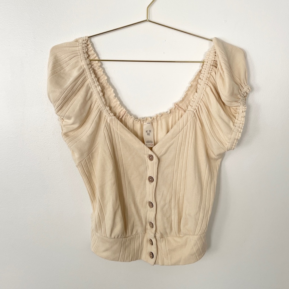 We The Free Ribbed Off Shoulder Cream Crop Button Top L
